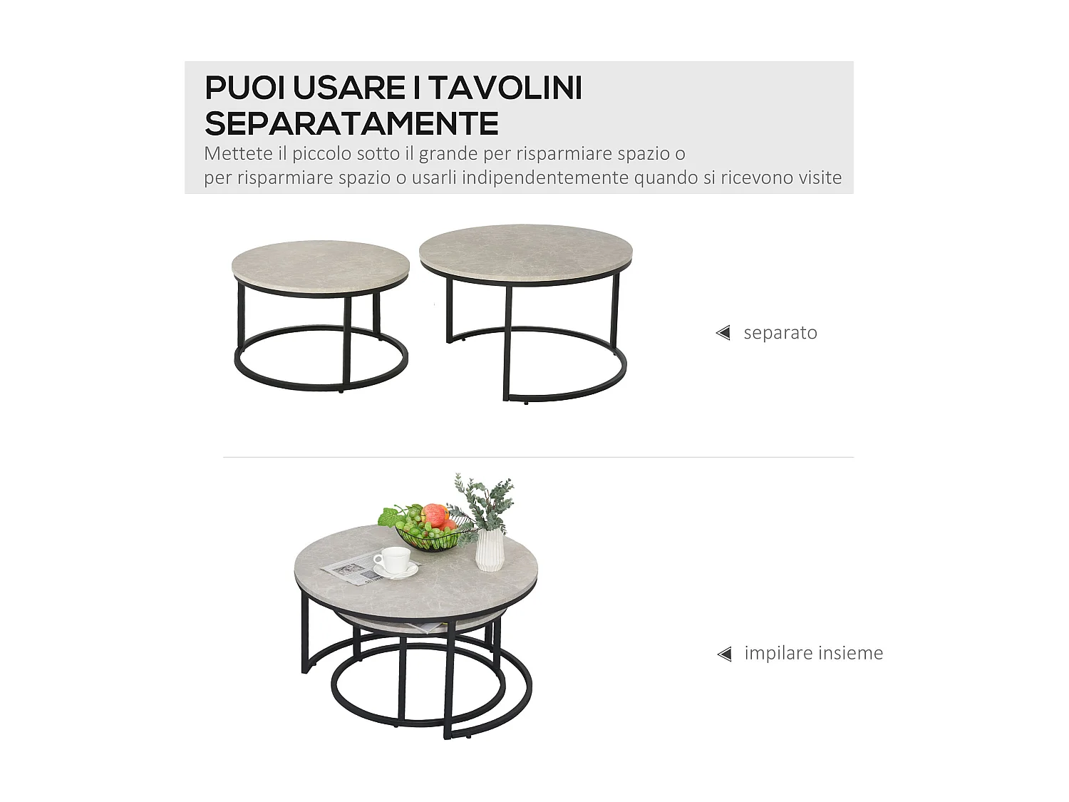 Set 2 tavolini da caffè impilabili in metallo e MDF grigio e nero
