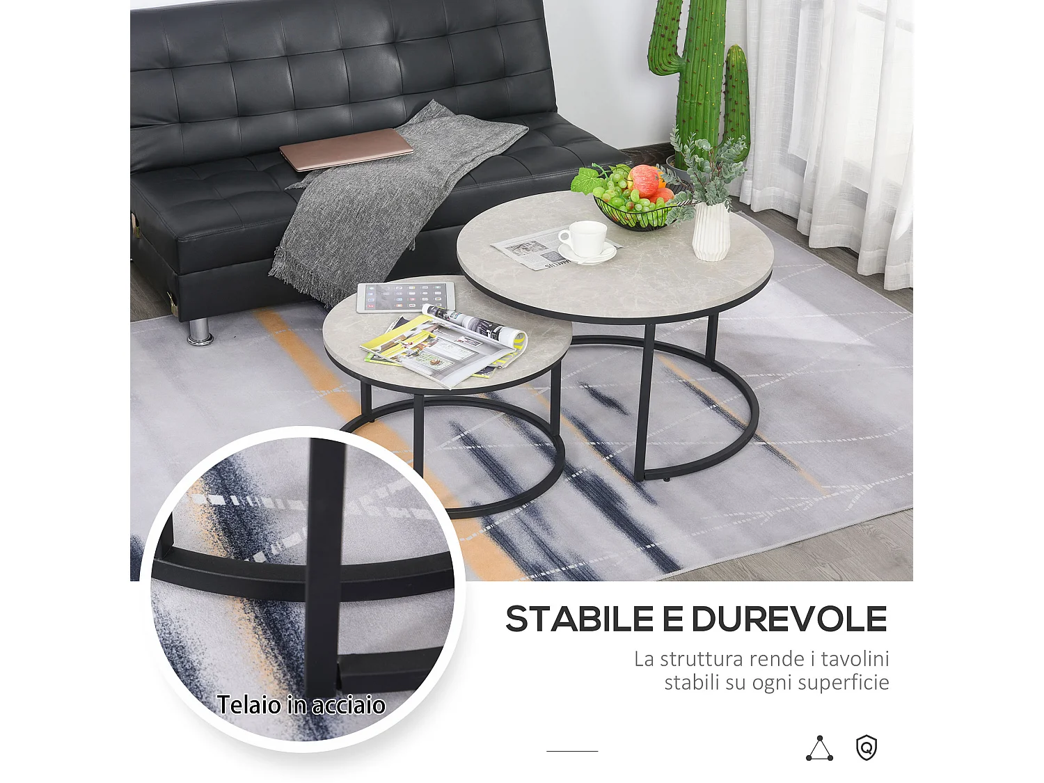 Set 2 tavolini da caffè impilabili in metallo e MDF grigio e nero