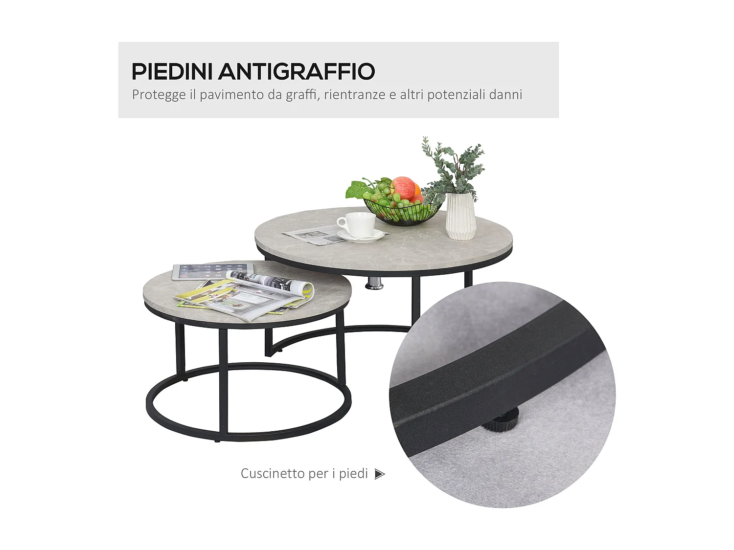 Set 2 tavolini da caffè impilabili in metallo e MDF grigio e nero