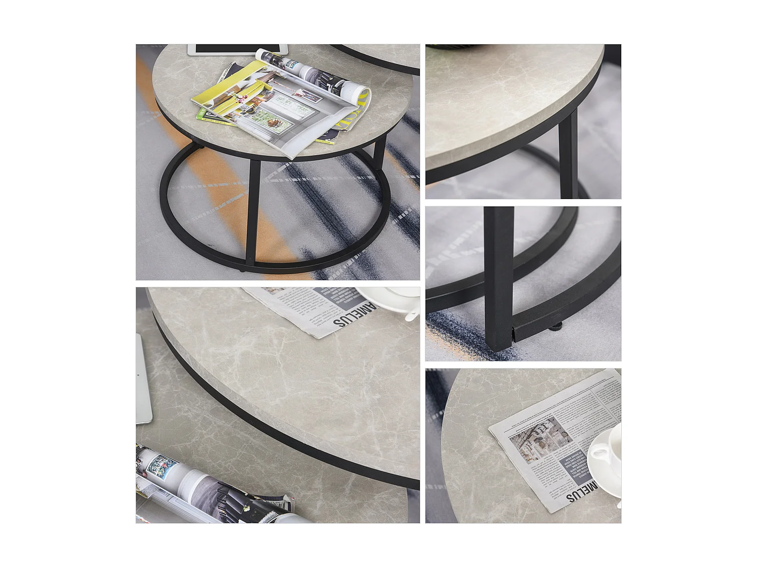 Set 2 tavolini da caffè impilabili in metallo e MDF grigio e nero