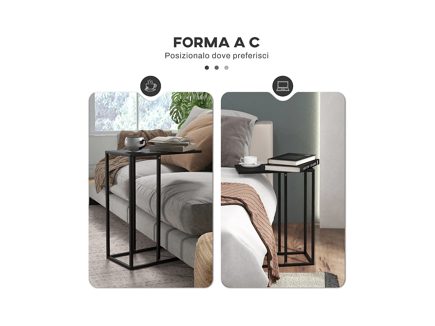 Tavolino da salotto industriale a forma di c in acciaio nero