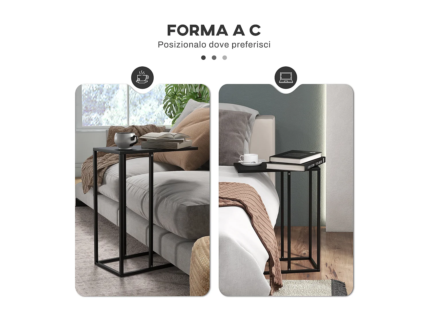 Tavolino da salotto industriale a forma di c in acciaio nero