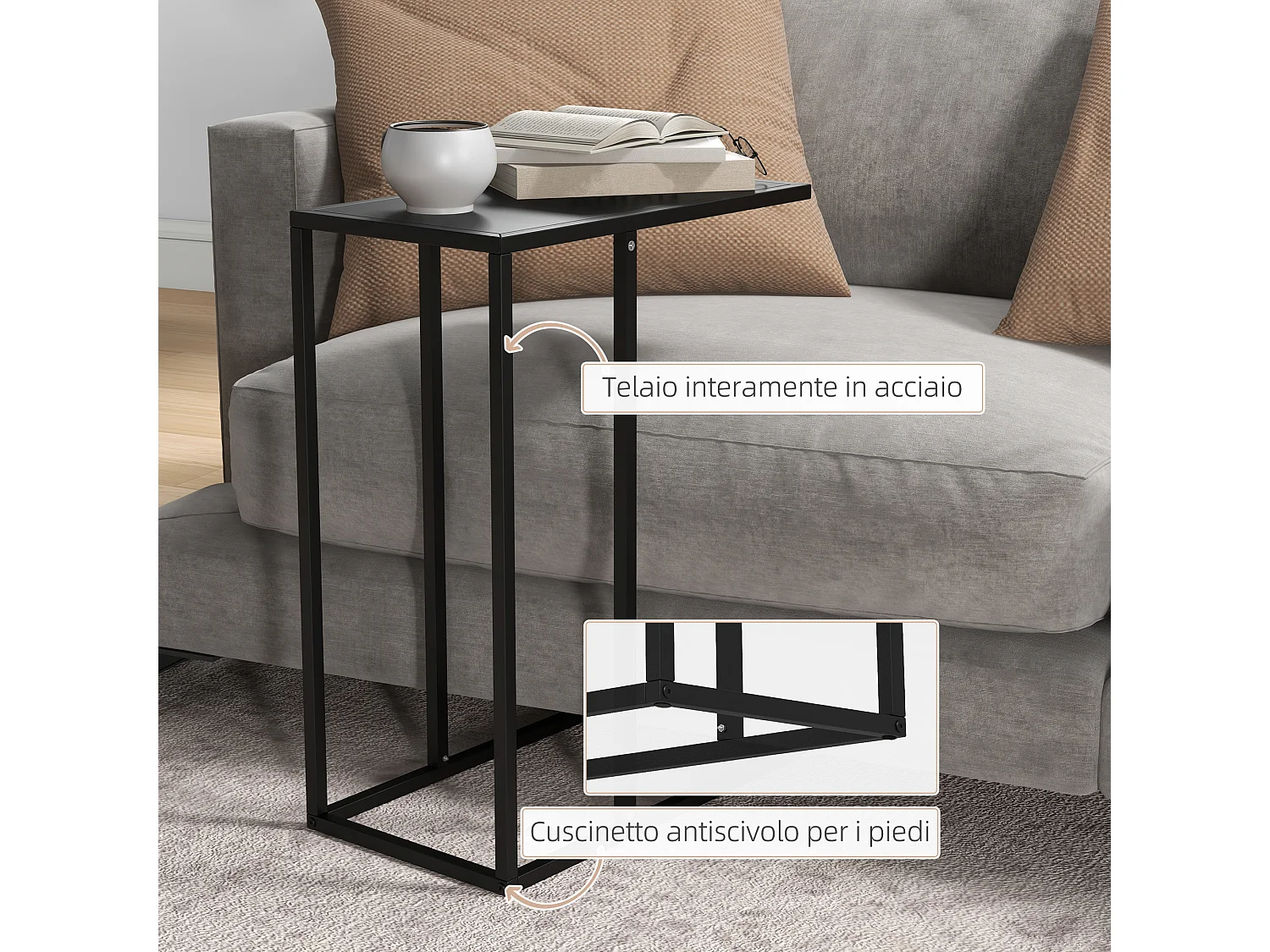 Tavolino da salotto industriale a forma di c in acciaio nero