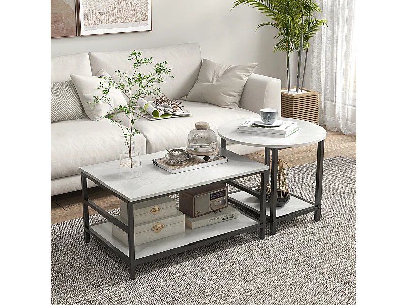 Tavolini da caffè set 2pz a 2 livelli in truciolato e acciaio