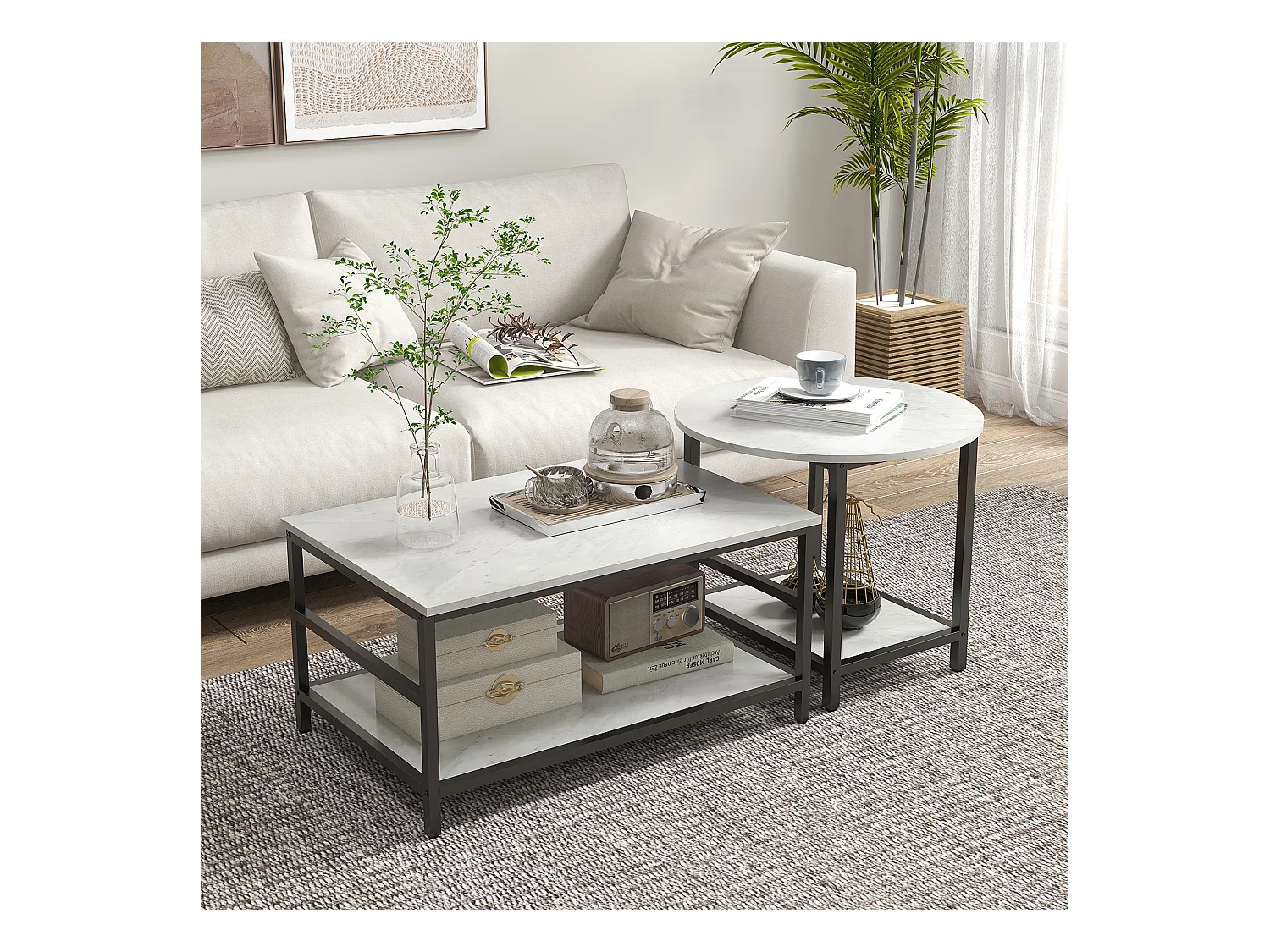 Tavolini da caffè set 2pz a 2 livelli in truciolato e acciaio