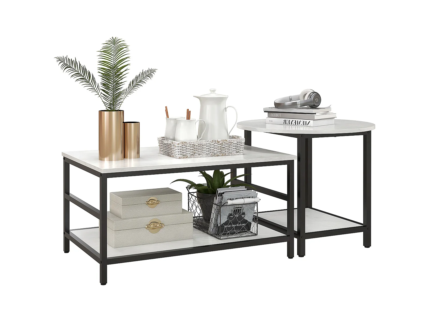 Tavolini da caffè set 2pz a 2 livelli in truciolato e acciaio