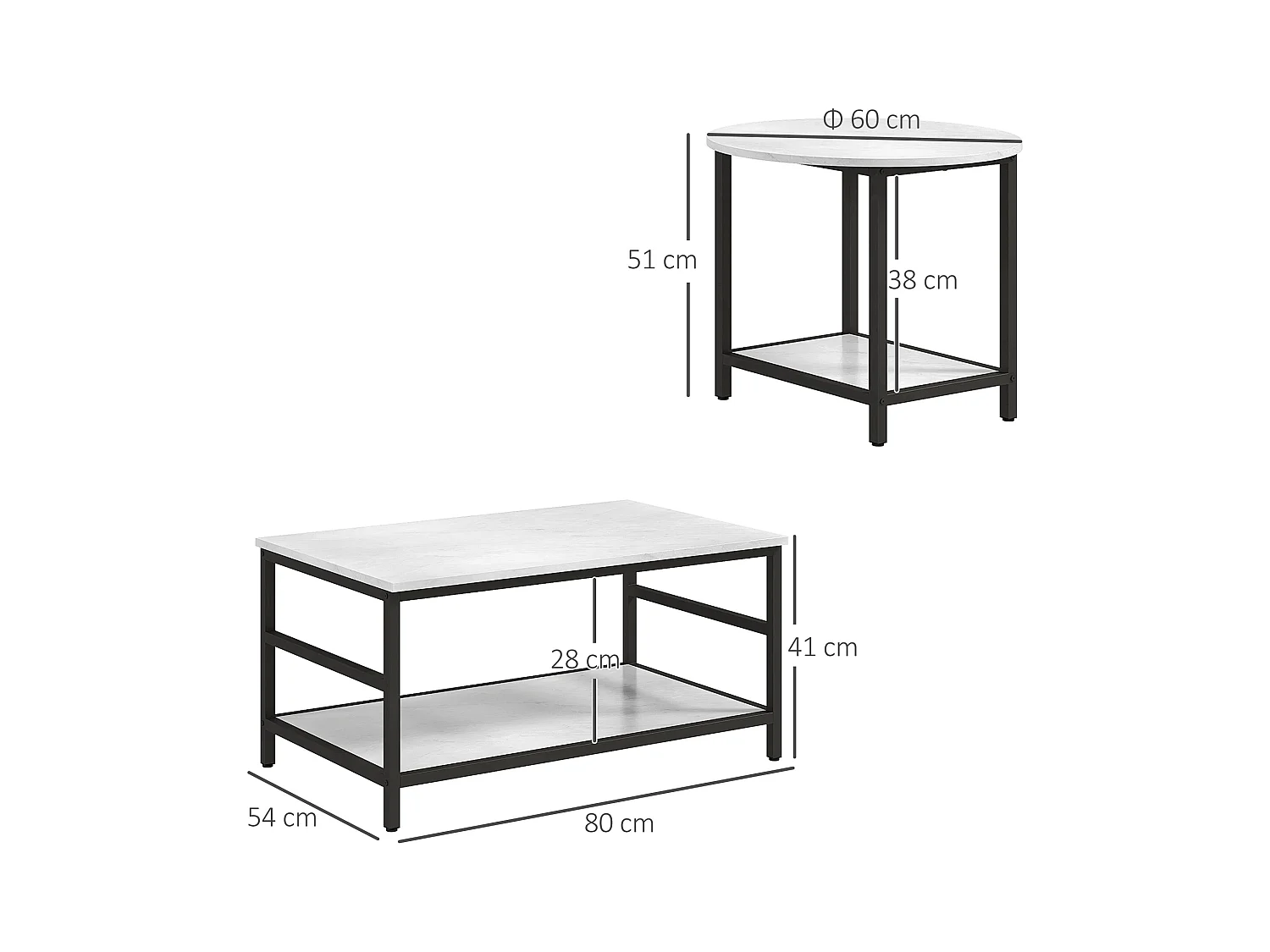 Tavolini da caffè set 2pz a 2 livelli in truciolato e acciaio