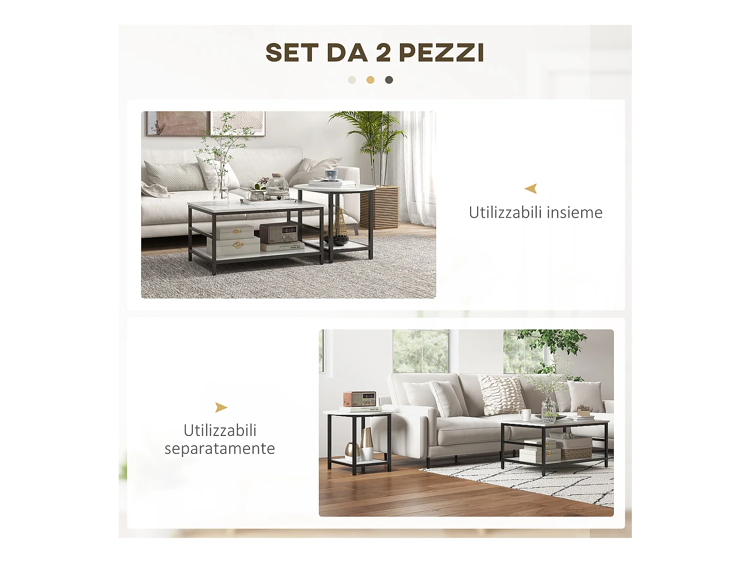 Tavolini da caffè set 2pz a 2 livelli in truciolato e acciaio