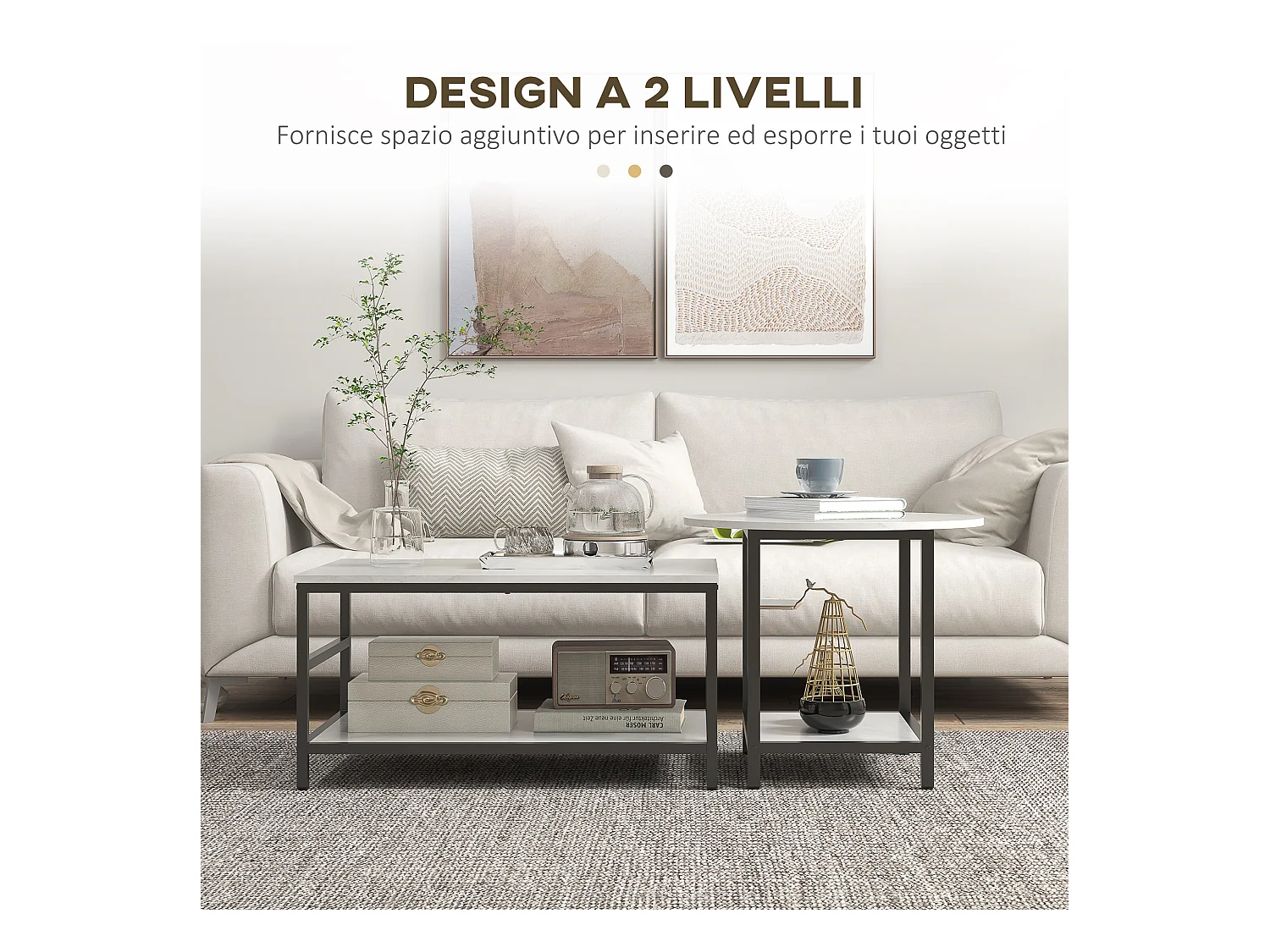 Tavolini da caffè set 2pz a 2 livelli in truciolato e acciaio