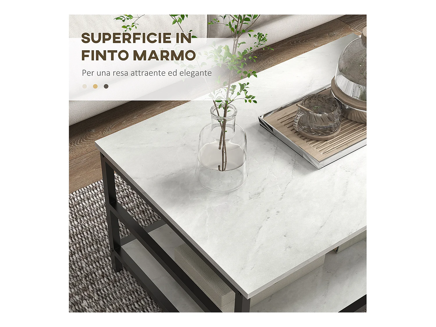 Tavolini da caffè set 2pz a 2 livelli in truciolato e acciaio