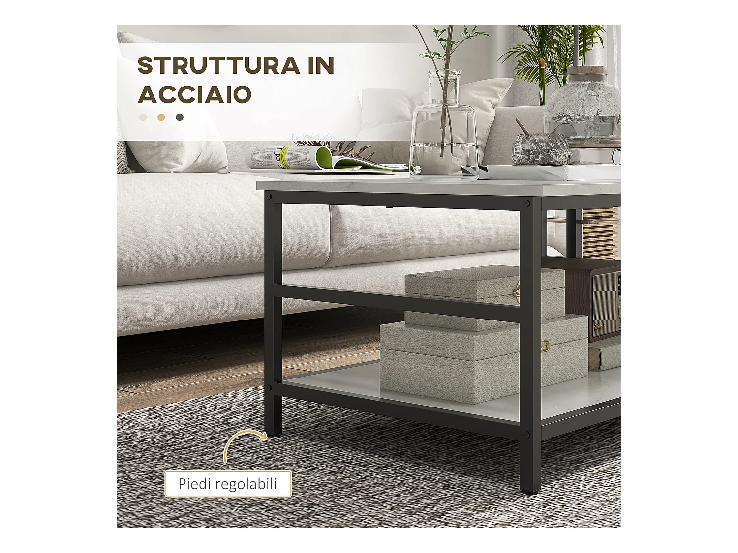 Tavolini da caffè set 2pz a 2 livelli in truciolato e acciaio