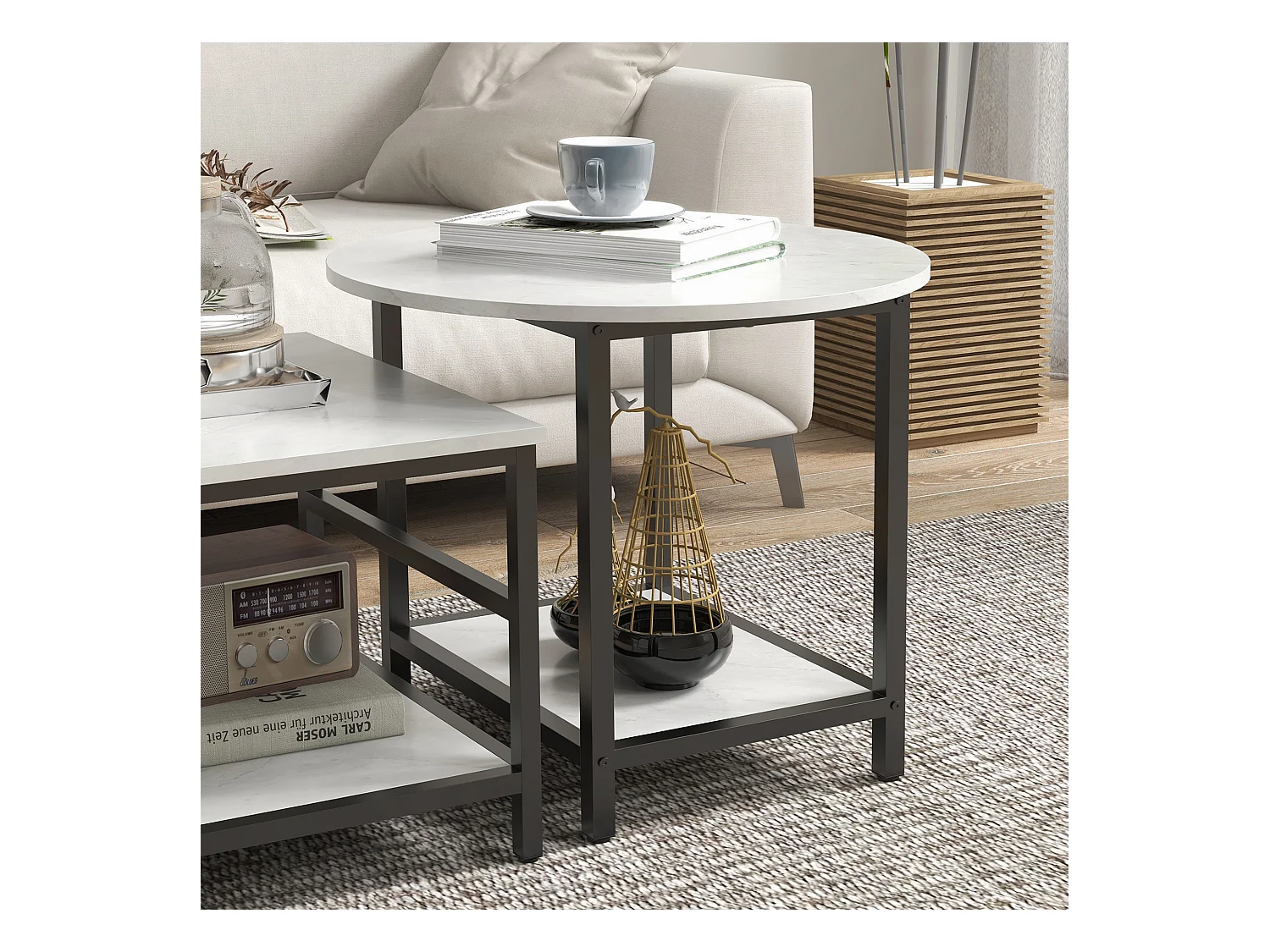 Tavolini da caffè set 2pz a 2 livelli in truciolato e acciaio