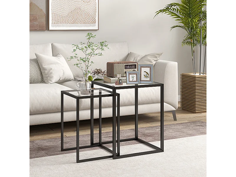 Set 2 tavolini sovrapponibili in acciaio e vetro temperato nero