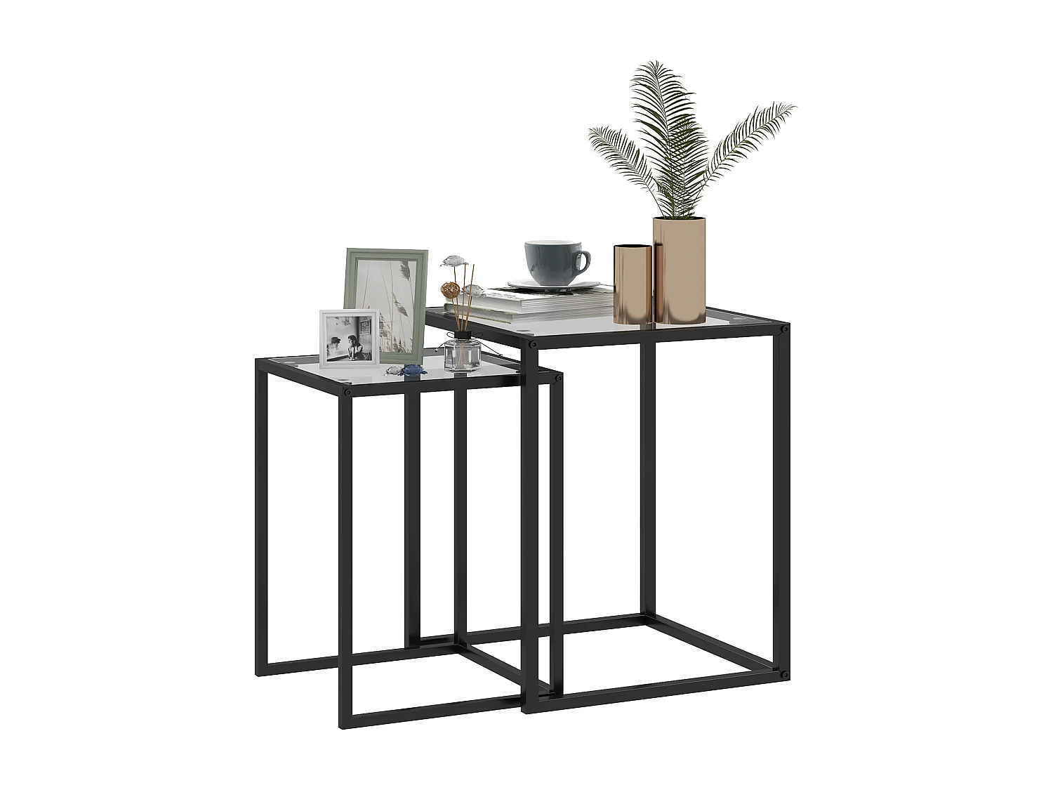 Set 2 tavolini sovrapponibili in acciaio e vetro temperato nero