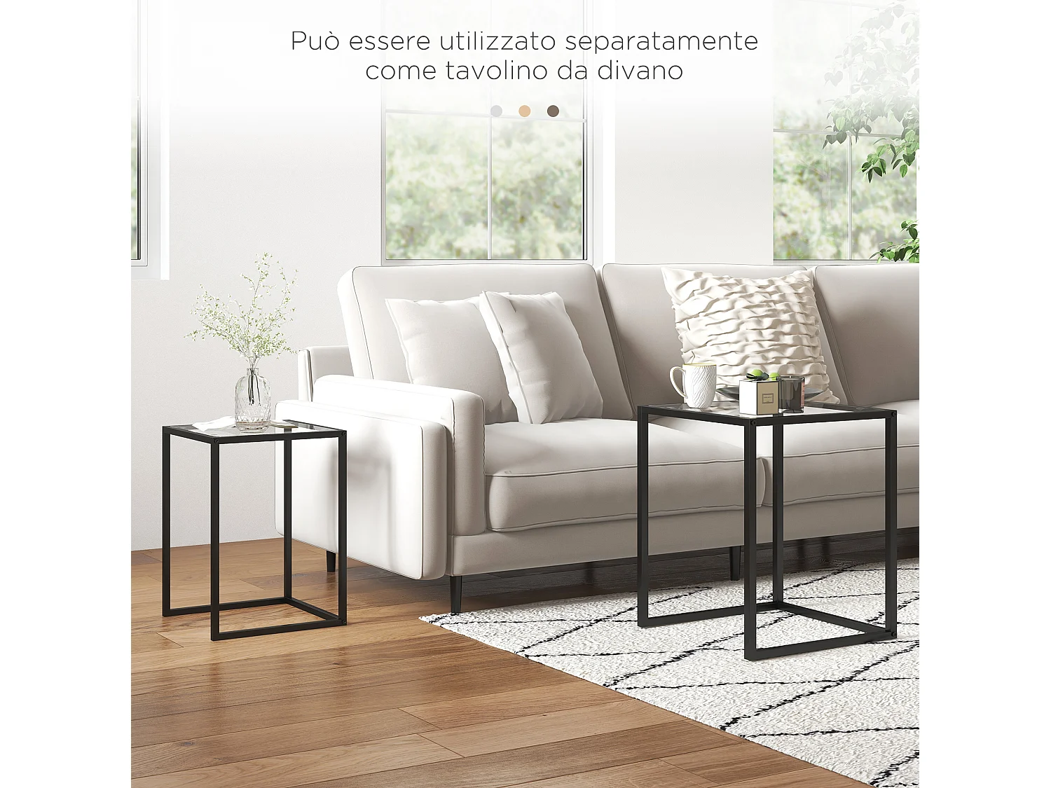 Set 2 tavolini sovrapponibili in acciaio e vetro temperato nero