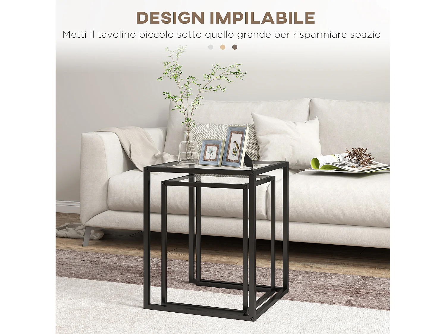 Set 2 tavolini sovrapponibili in acciaio e vetro temperato nero