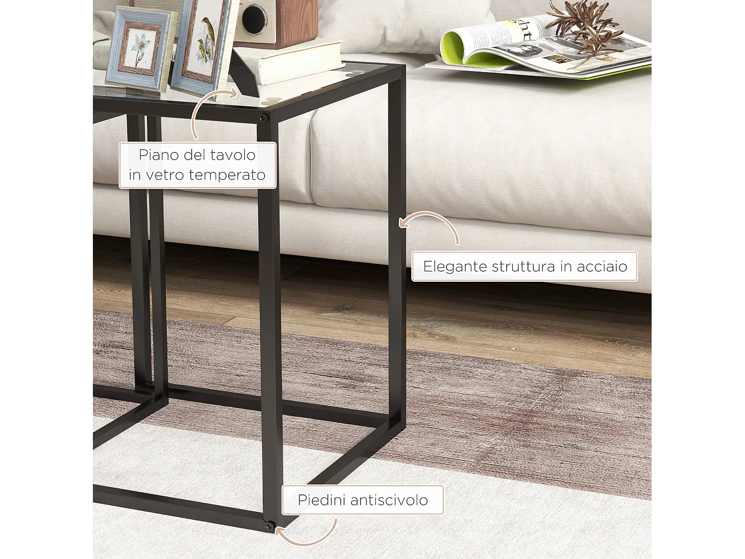 Set 2 tavolini sovrapponibili in acciaio e vetro temperato nero