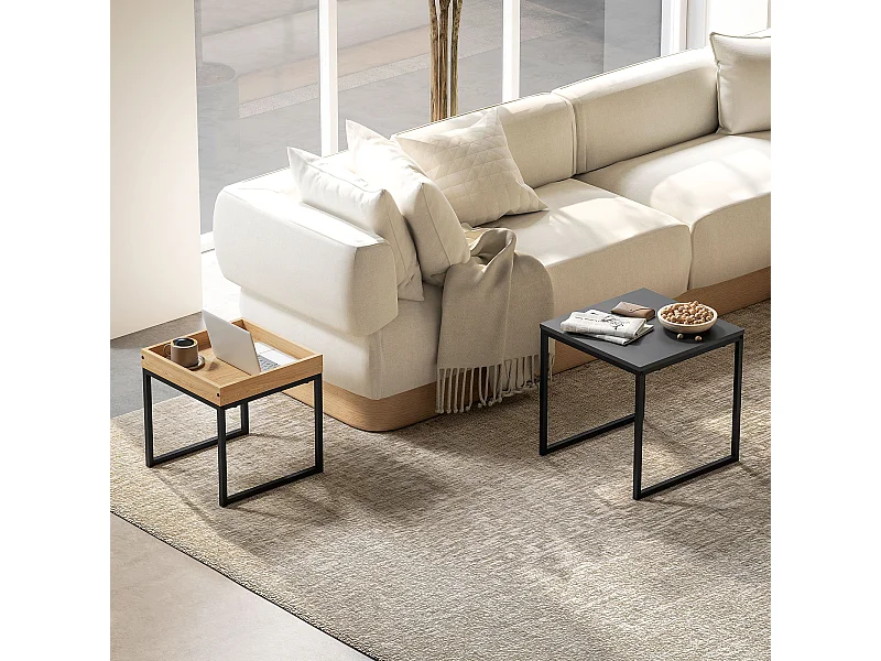 Set 2 tavolini da caffè moderni con gambe a u in legno e acciaio nero