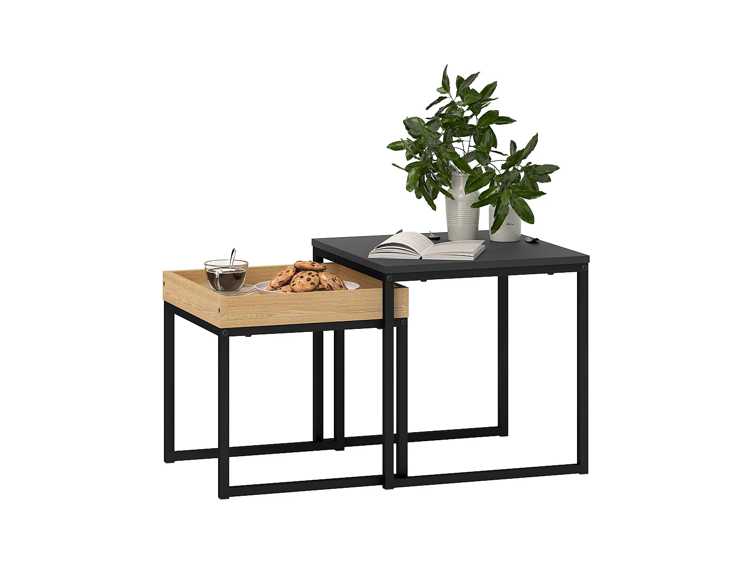 Set 2 tavolini da caffè moderni con gambe a u in legno e acciaio nero