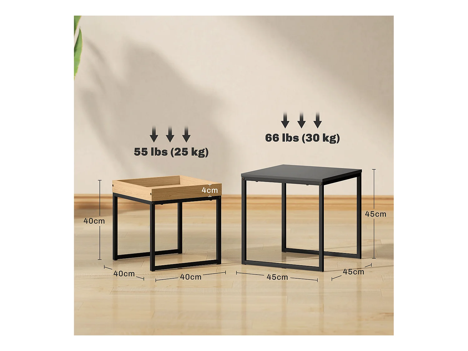 Set 2 tavolini da caffè moderni con gambe a u in legno e acciaio nero