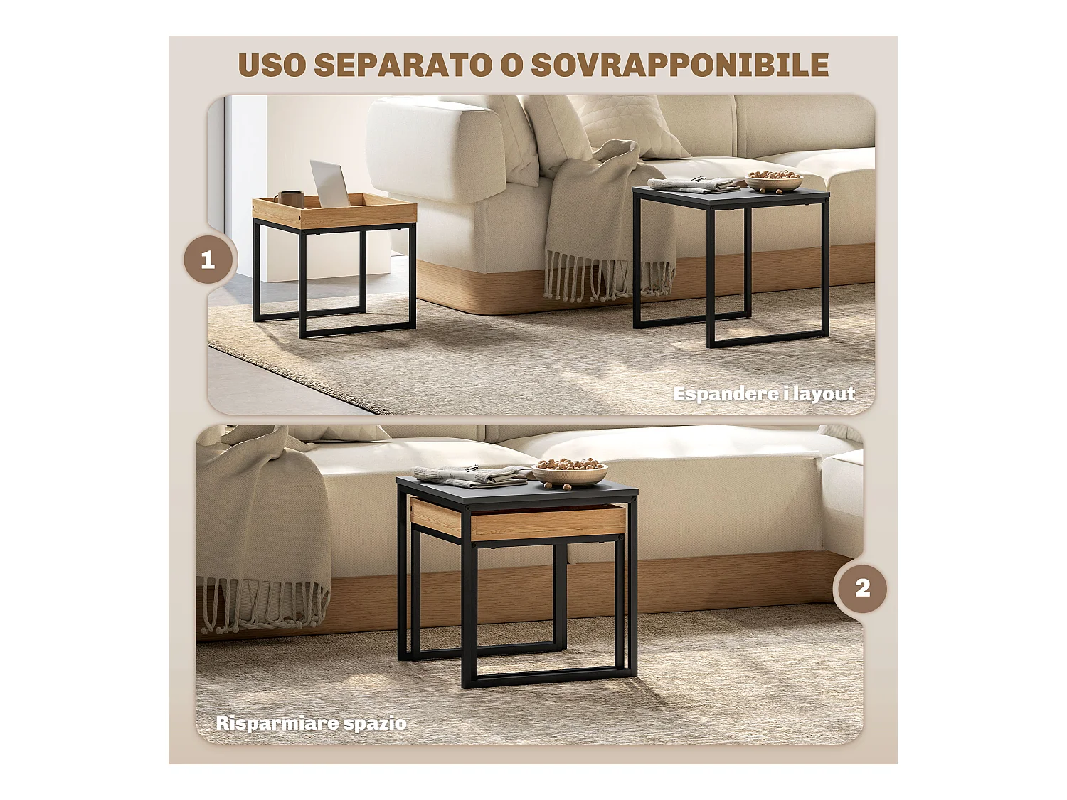 Set 2 tavolini da caffè moderni con gambe a u in legno e acciaio nero