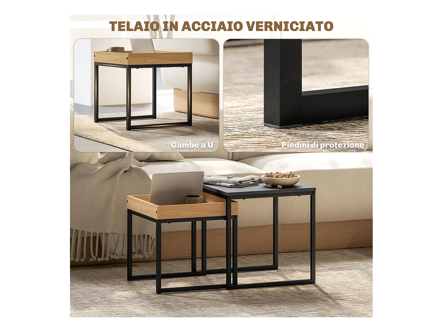Set 2 tavolini da caffè moderni con gambe a u in legno e acciaio nero