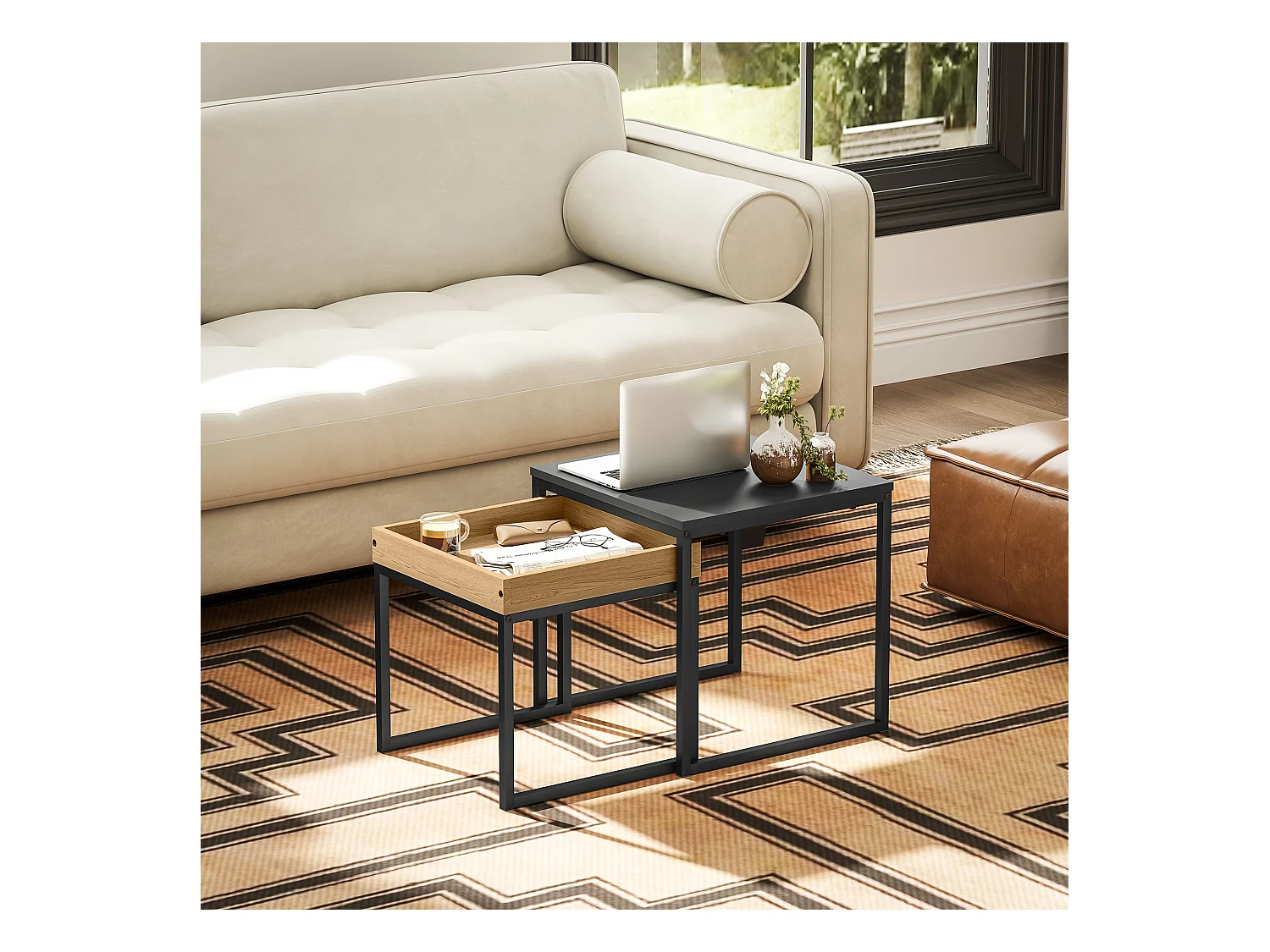 Set 2 tavolini da caffè moderni con gambe a u in legno e acciaio nero