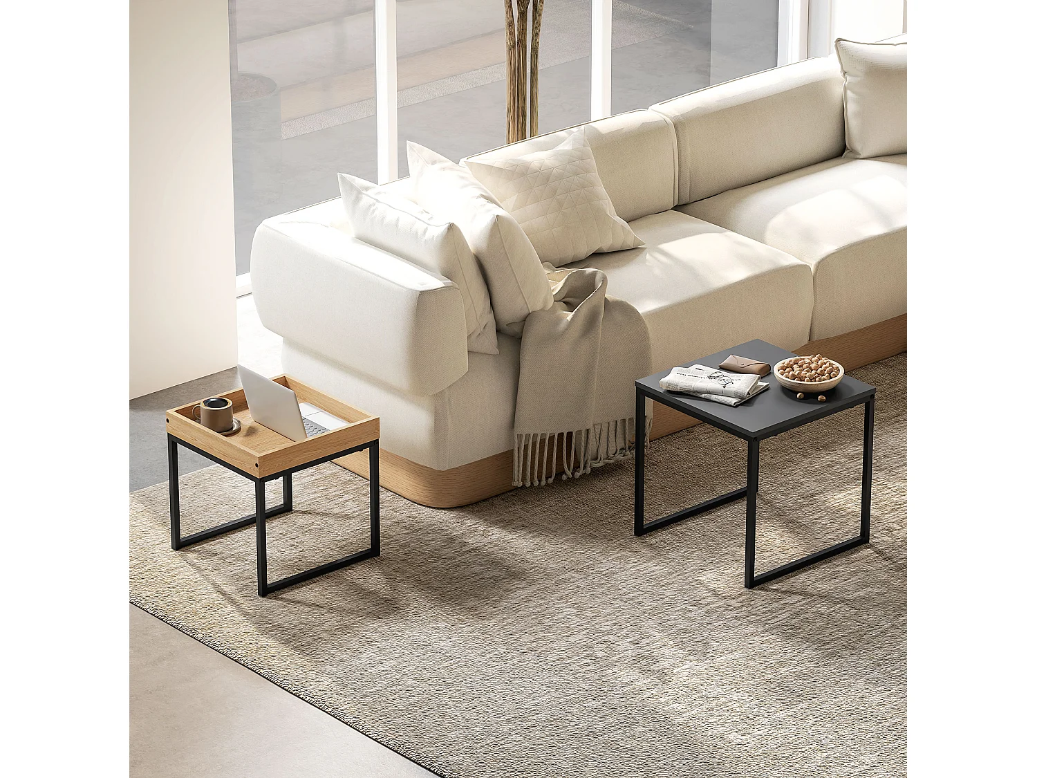 Set 2 tavolini da caffè moderni con gambe a u in legno e acciaio nero