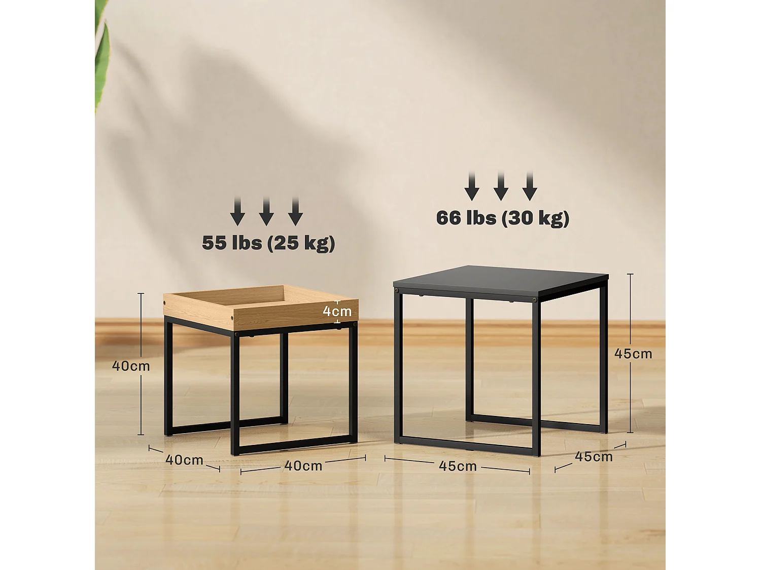 Set 2 tavolini da caffè moderni con gambe a u in legno e acciaio nero