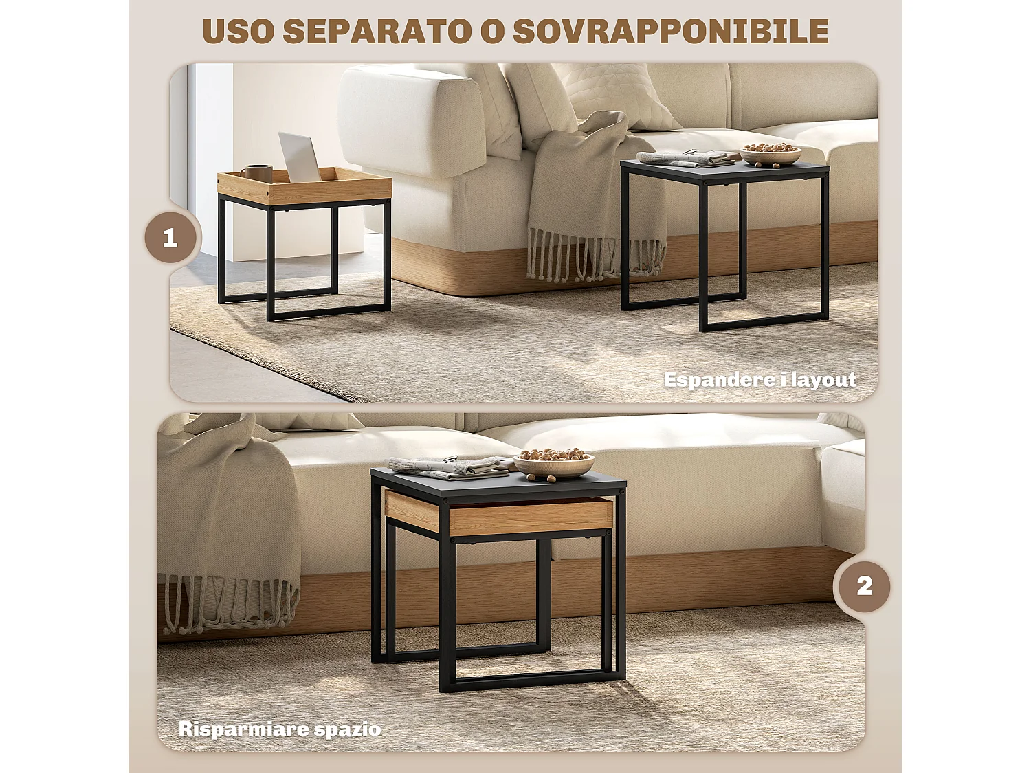 Set 2 tavolini da caffè moderni con gambe a u in legno e acciaio nero