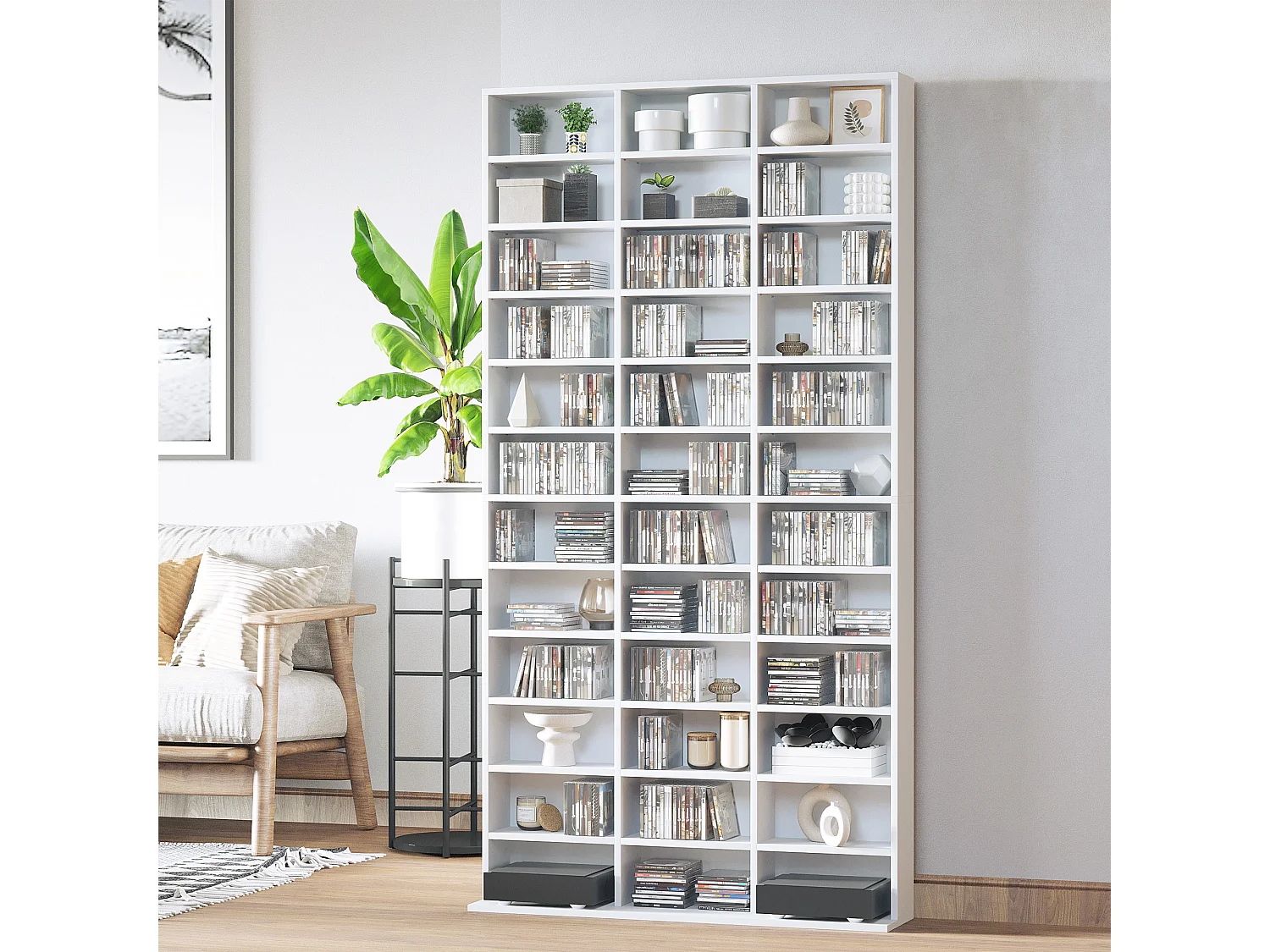 Libreria porta cd con 3 colonne da 12 ripiani in legno bianco