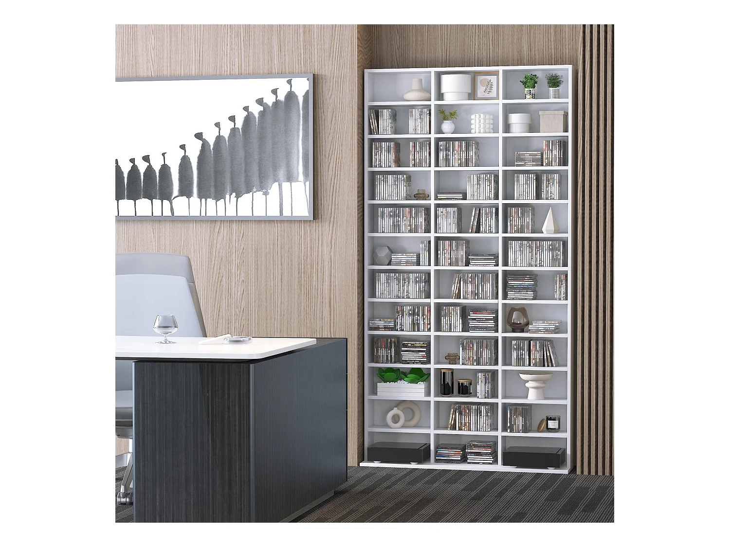 Libreria porta cd con 3 colonne da 12 ripiani in legno bianco