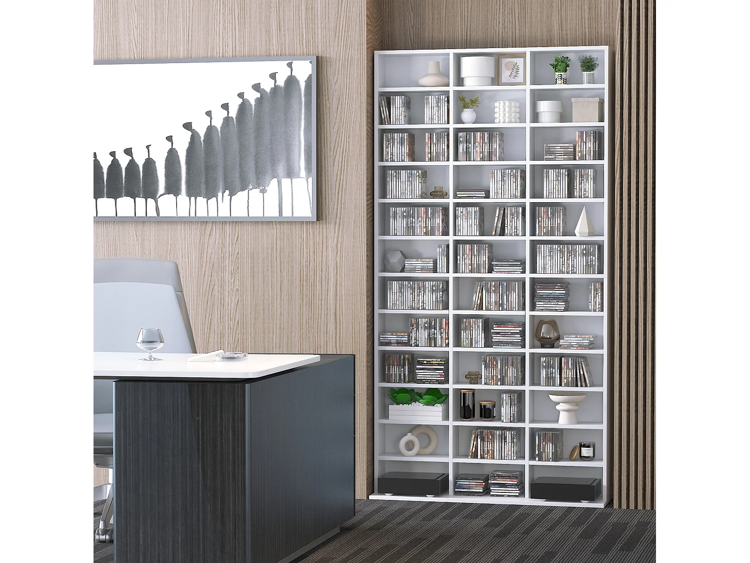 Libreria porta cd con 3 colonne da 12 ripiani in legno bianco