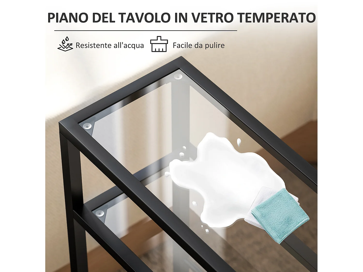 Tavolino da salotto a 3 ripiani compatto in vetro e acciaio nero