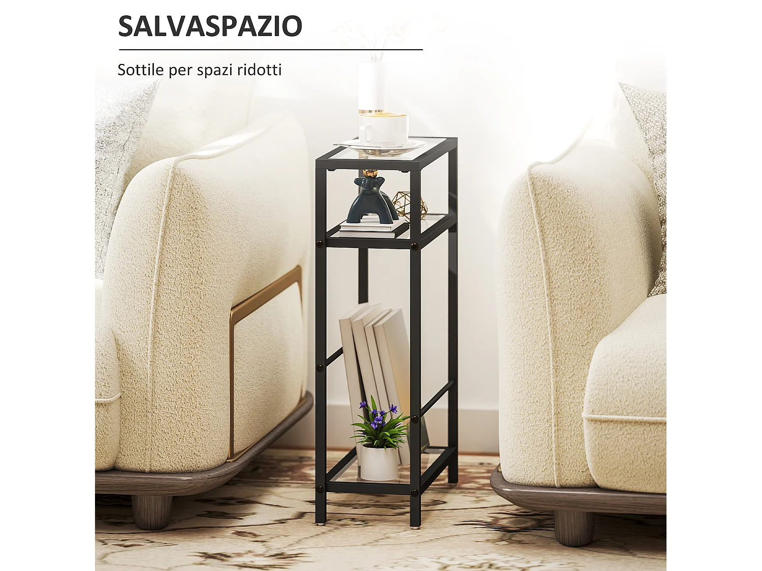 Tavolino da salotto a 3 ripiani compatto in vetro e acciaio nero