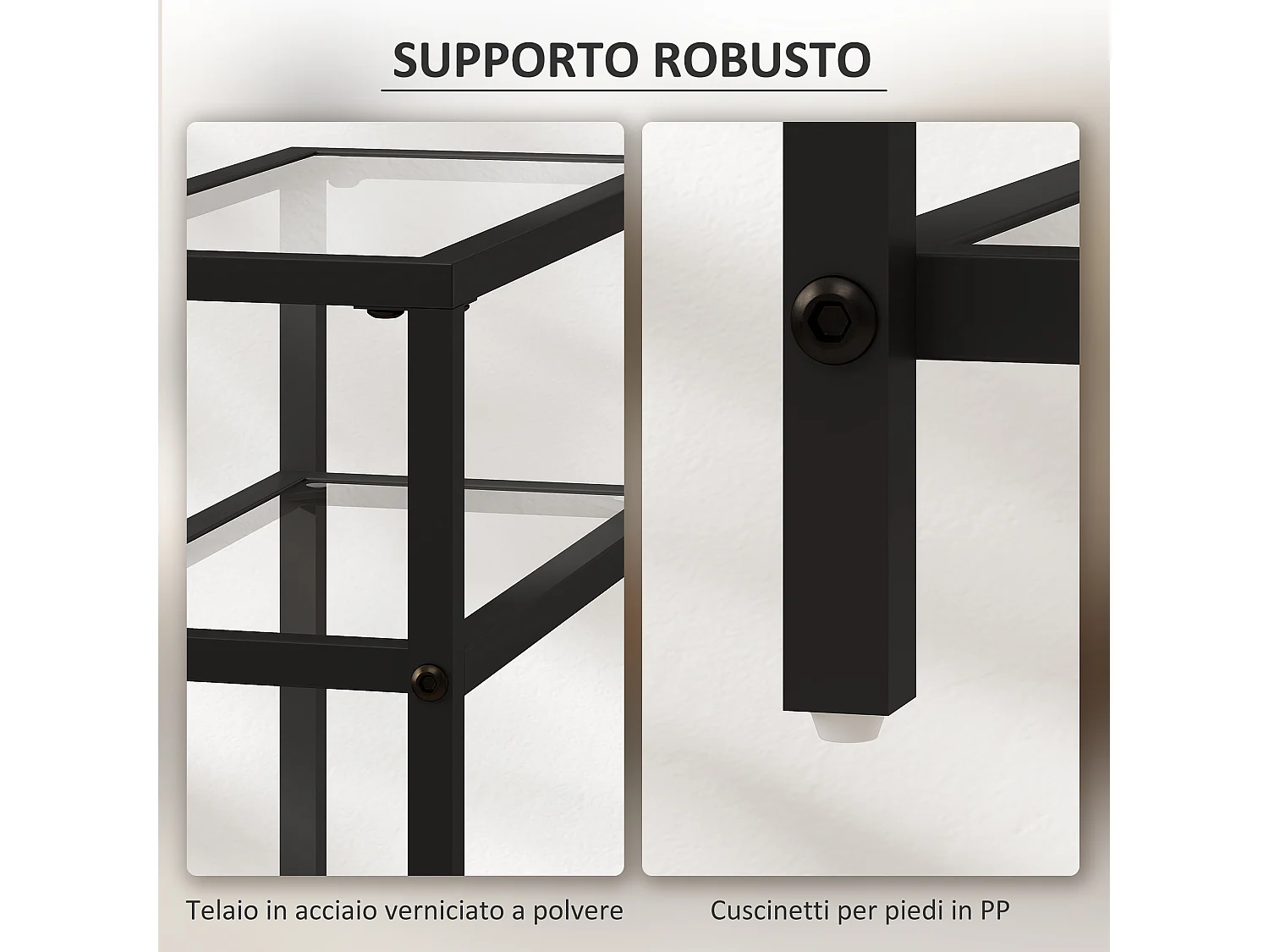 Tavolino da salotto a 3 ripiani compatto in vetro e acciaio nero