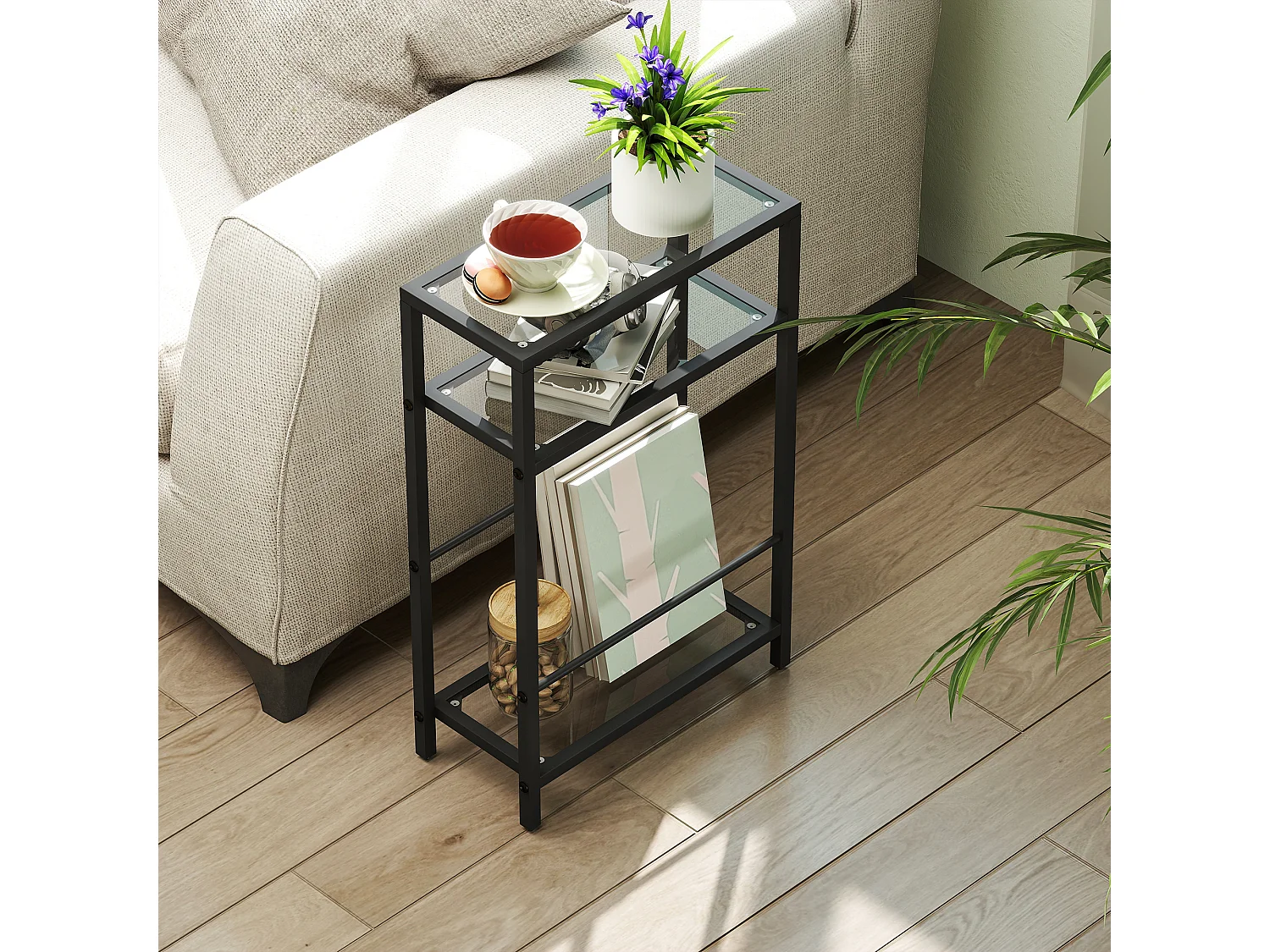 Tavolino da salotto a 3 ripiani compatto in vetro e acciaio nero
