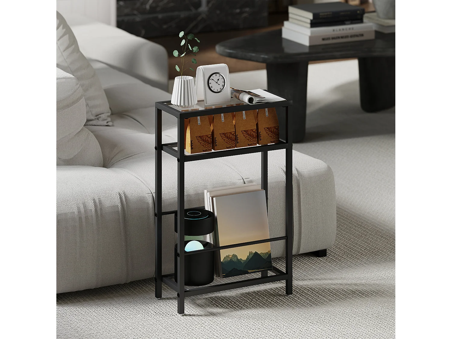 Tavolino da salotto a 3 ripiani compatto in vetro e acciaio nero