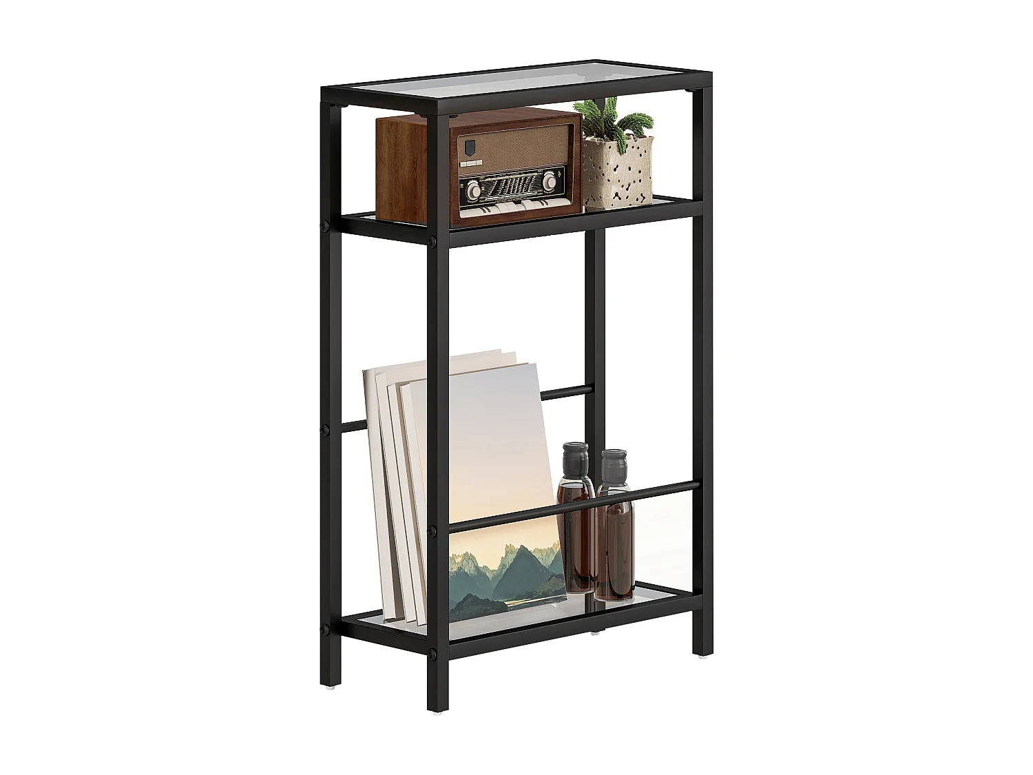 Tavolino da salotto a 3 ripiani compatto in vetro e acciaio nero