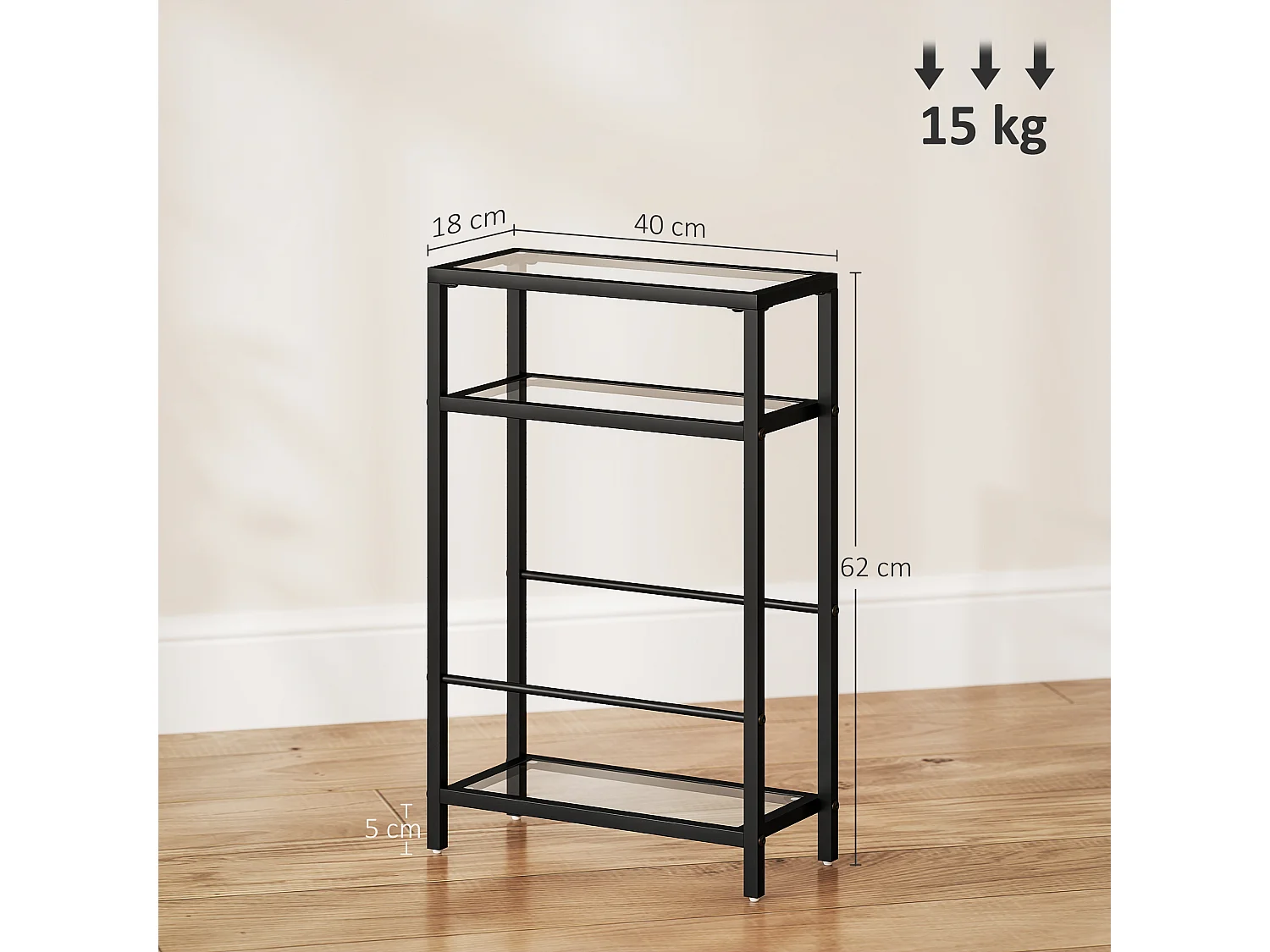 Tavolino da salotto a 3 ripiani compatto in vetro e acciaio nero