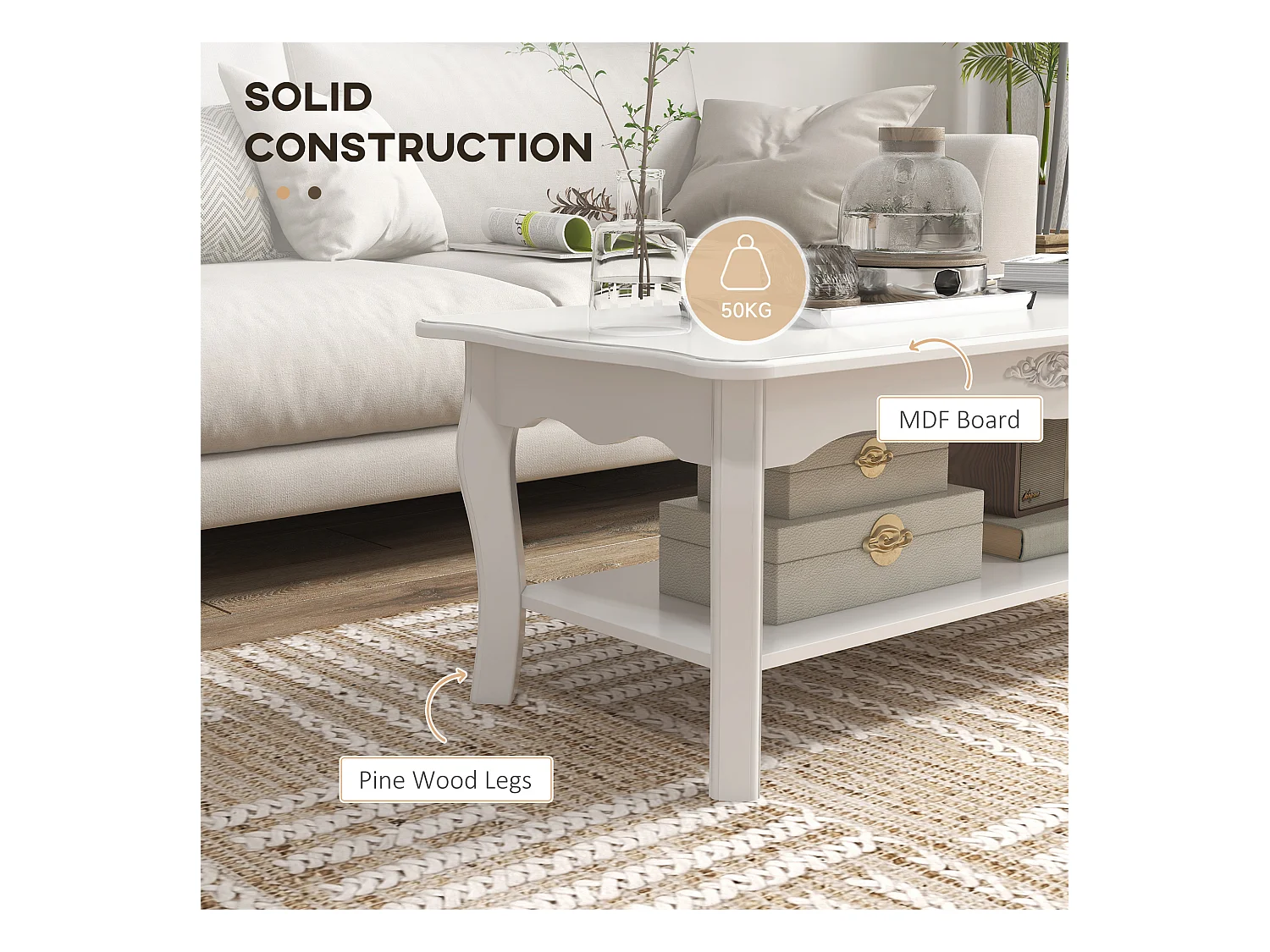Tavolino da salotto da caffè basso in legno bianco
