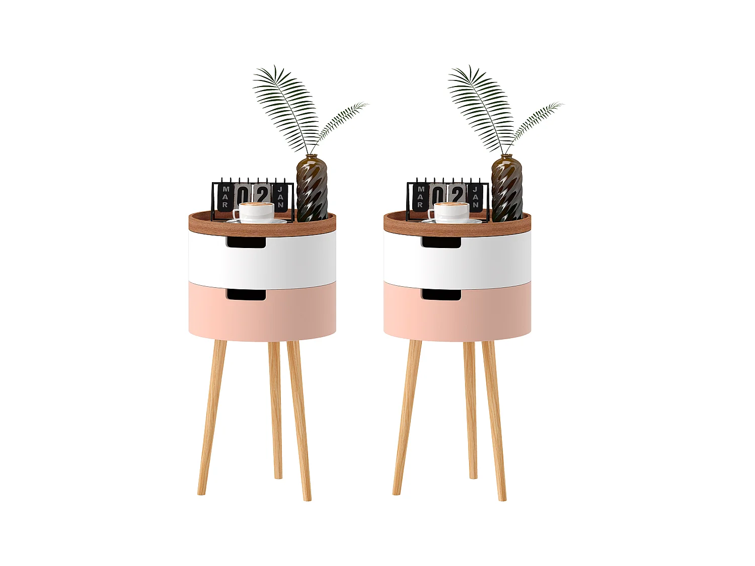 Set 2 tavolini da caffè 3 livelli con vani contenitore e piano vassoio