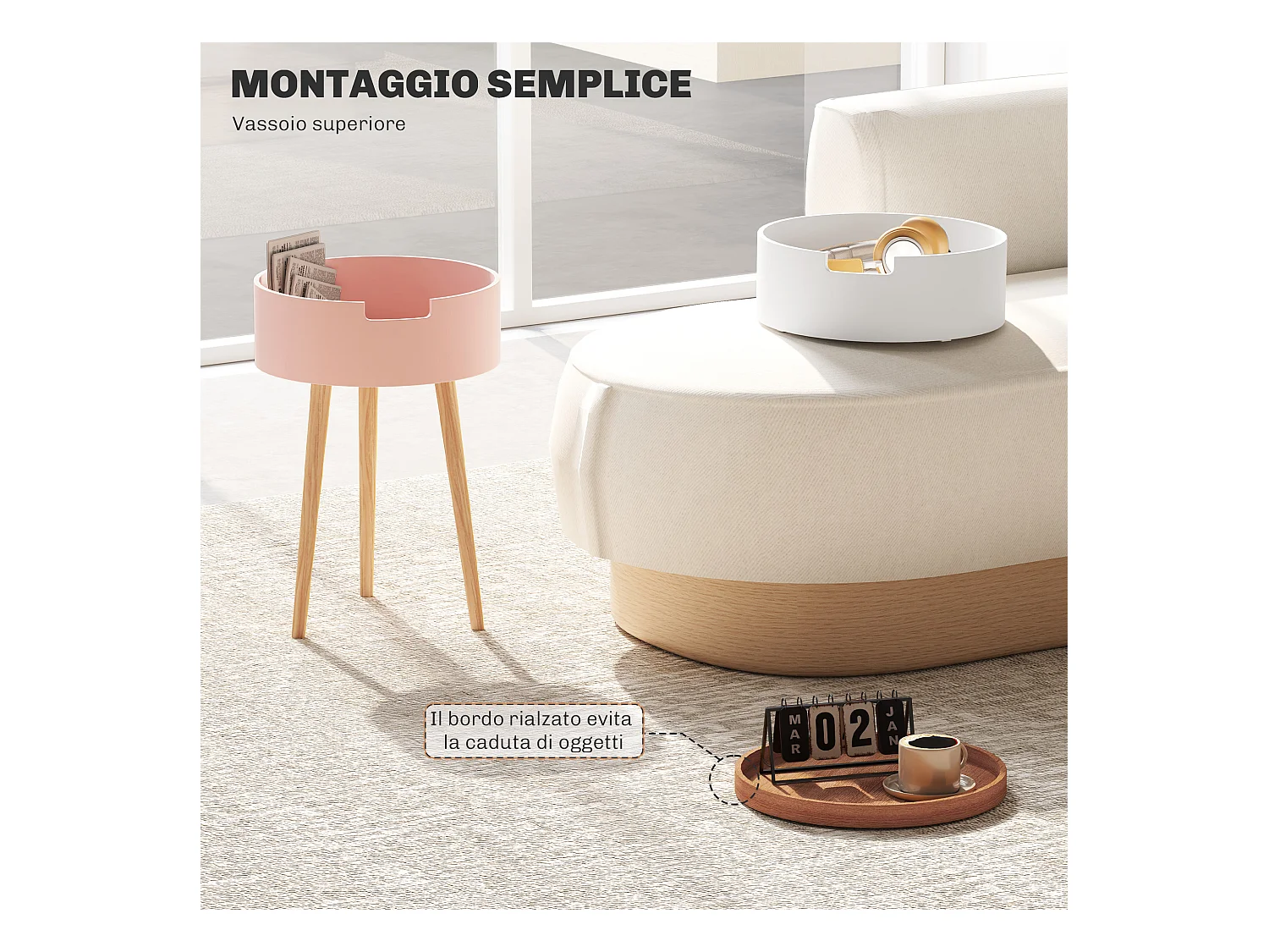 Set 2 tavolini da caffè 3 livelli con vani contenitore e piano vassoio