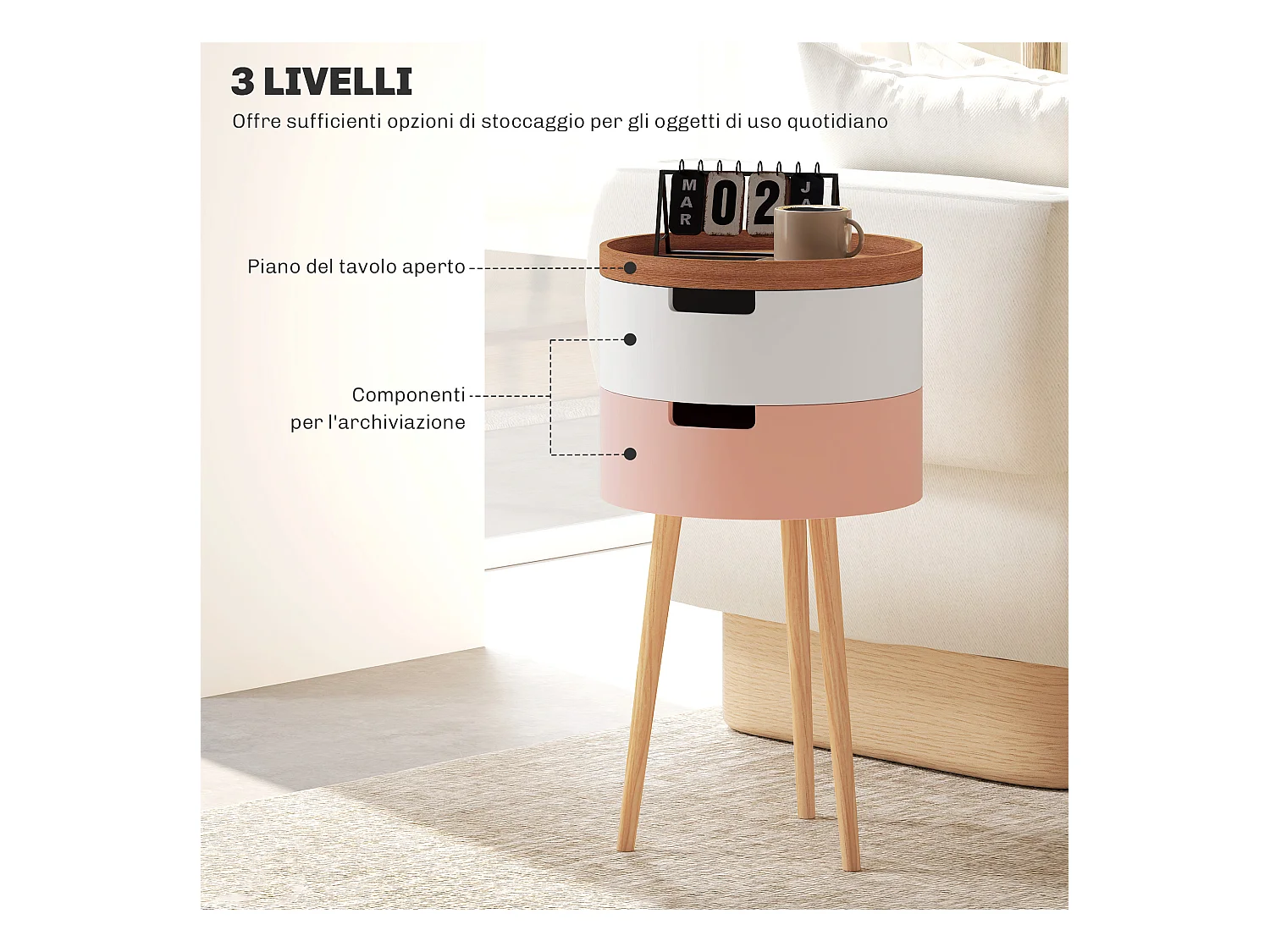 Set 2 tavolini da caffè 3 livelli con vani contenitore e piano vassoio