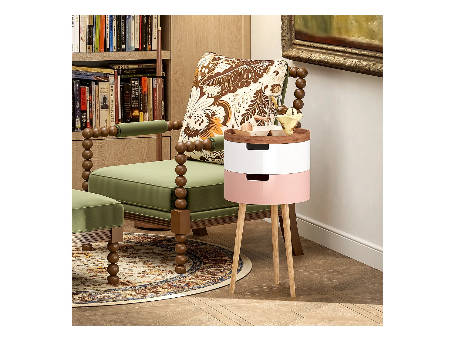 Set 2 tavolini da caffè 3 livelli con vani contenitore e piano vassoio