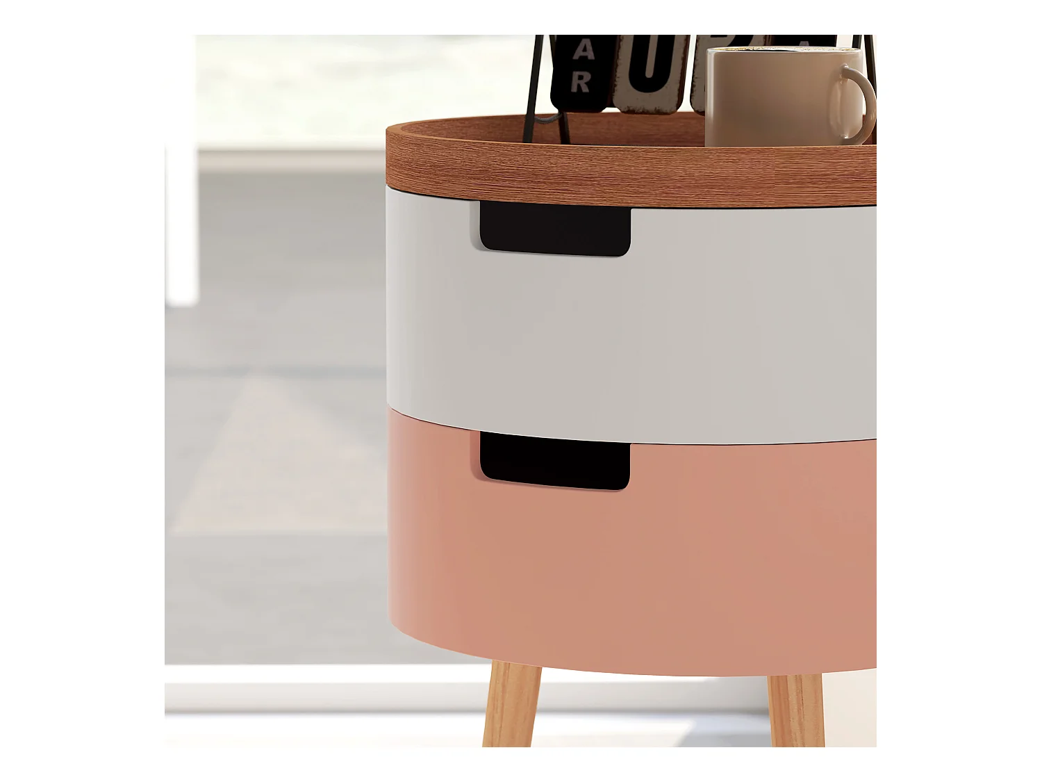 Set 2 tavolini da caffè 3 livelli con vani contenitore e piano vassoio