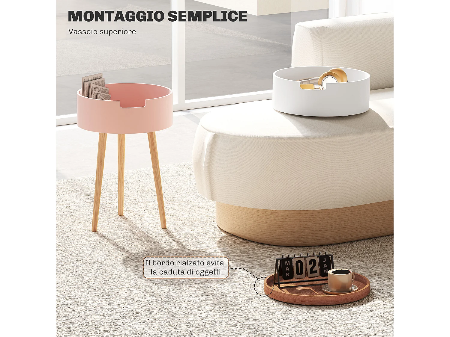 Set 2 tavolini da caffè 3 livelli con vani contenitore e piano vassoio