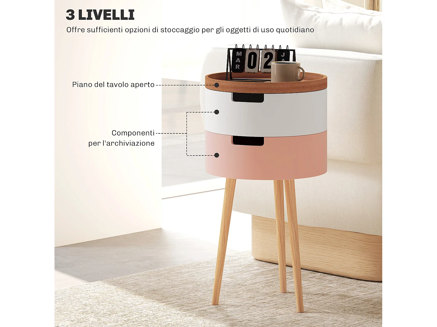 Set 2 tavolini da caffè 3 livelli con vani contenitore e piano vassoio