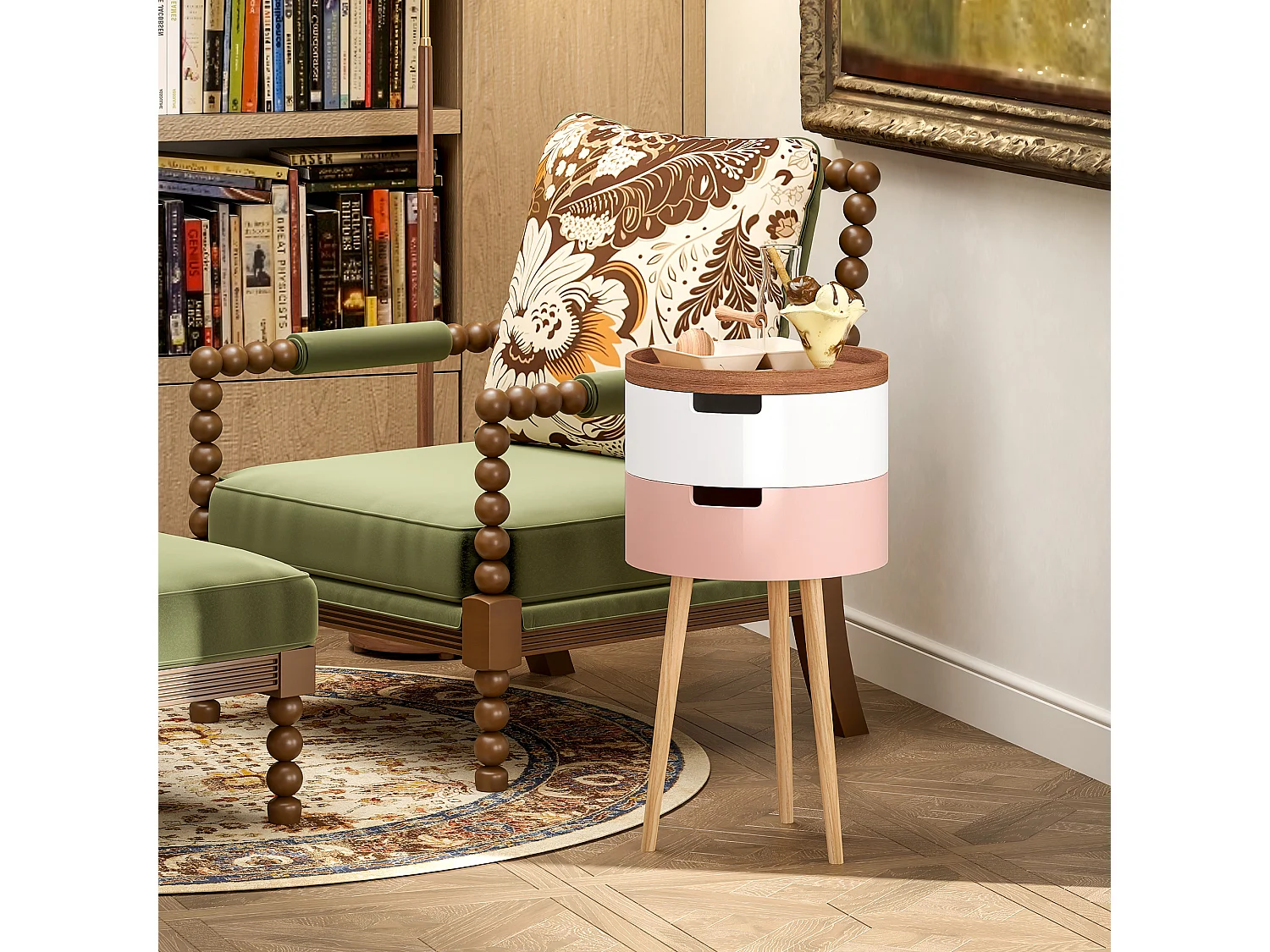 Set 2 tavolini da caffè 3 livelli con vani contenitore e piano vassoio