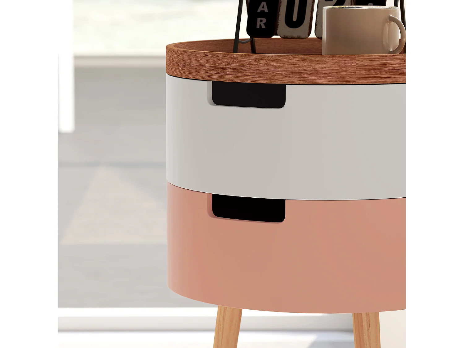 Set 2 tavolini da caffè 3 livelli con vani contenitore e piano vassoio